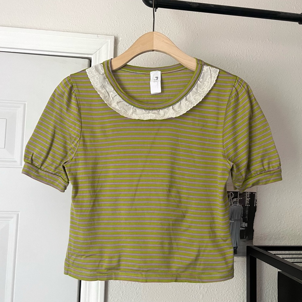 COURTYARD LA green striped cotton blend crew lace eyelet trim neck cropped boxy